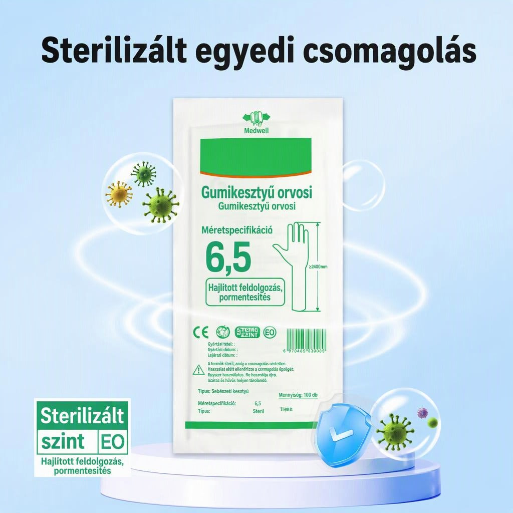 Egyenként csomagolt, könyékig érő gumikesztyű