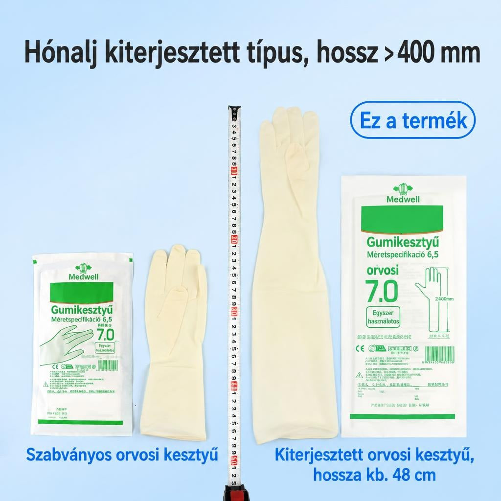 Egyenként csomagolt, könyékig érő gumikesztyű