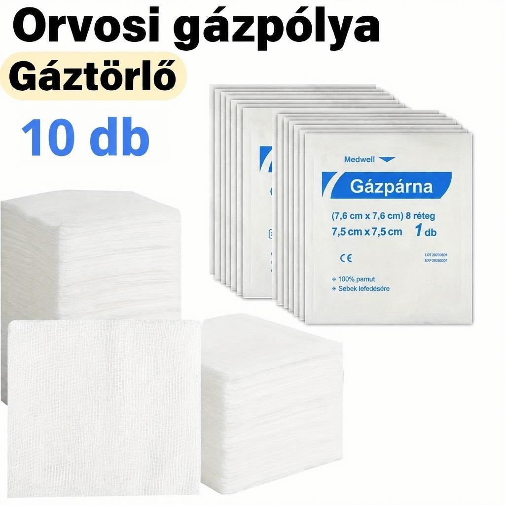 Steril orvosi gázpárnák és gáztörlő lapok 10 darabos kiszerelésben sebek lefedésére.
