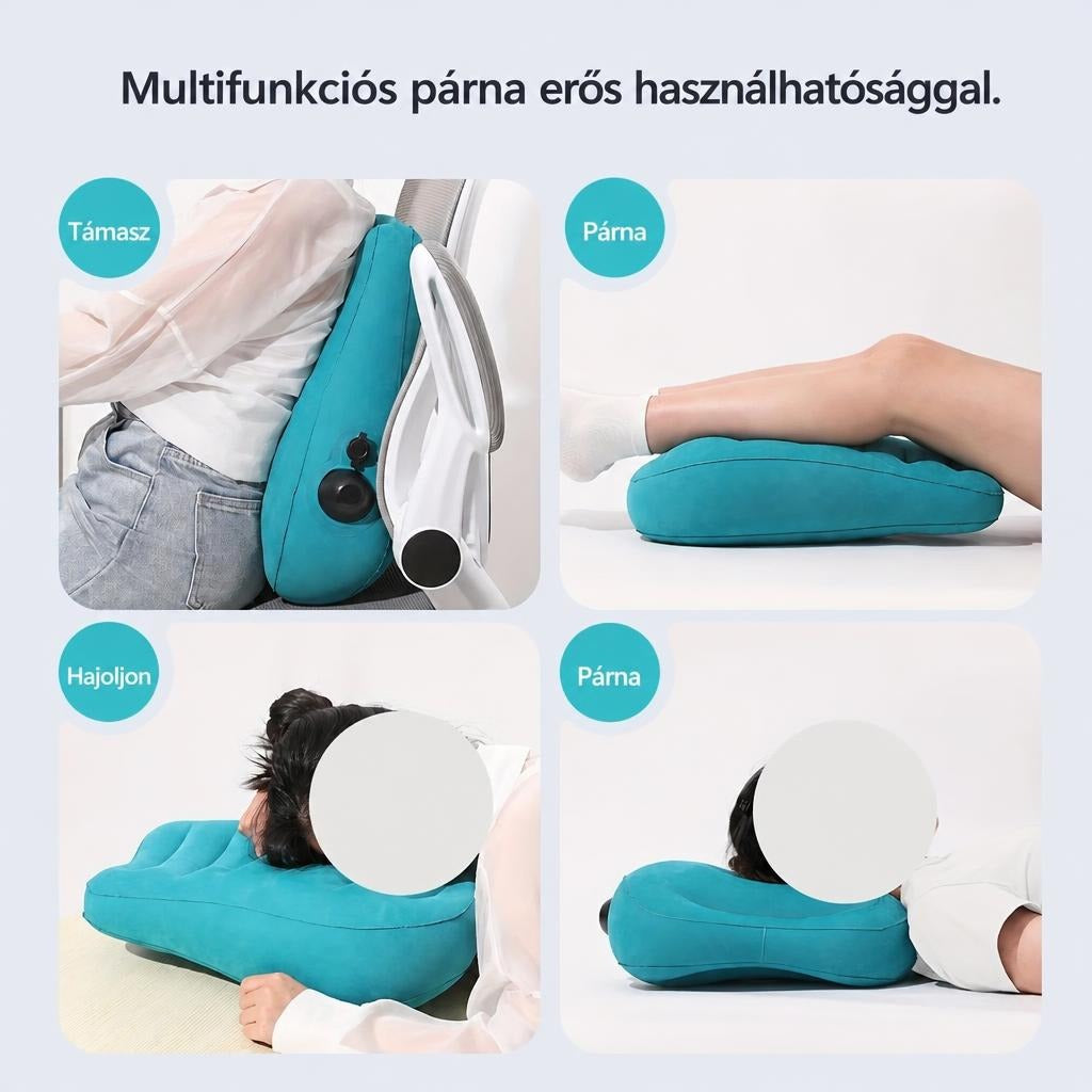 Multifunkciós kék párna négy különböző használati pozícióban bemutatva.