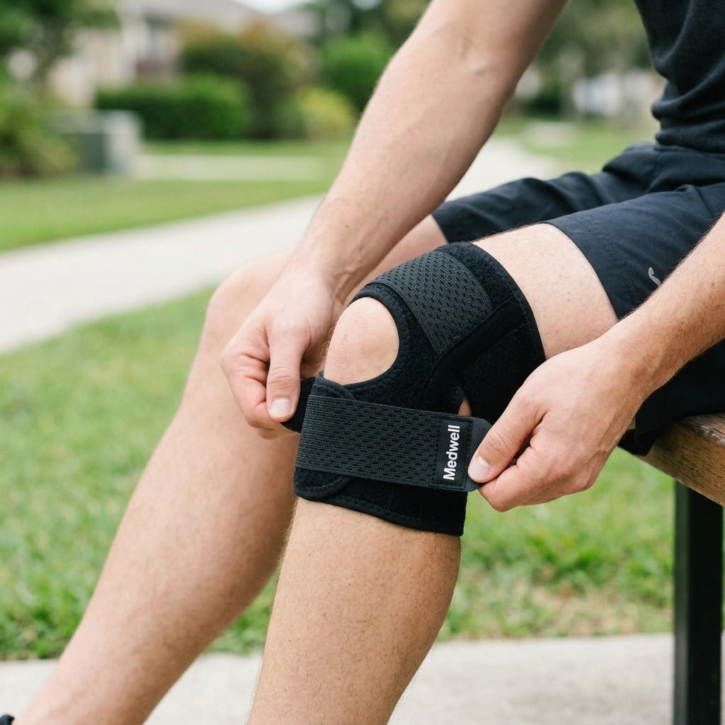 Medwell Adjustable Knee Support with Spring Stays, Breathable - in use