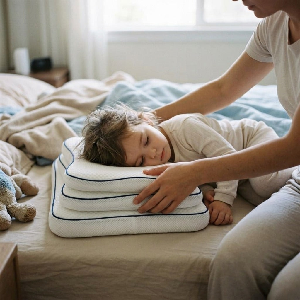 Kids Sleeping Pillow, Square Children's Bedding - in use