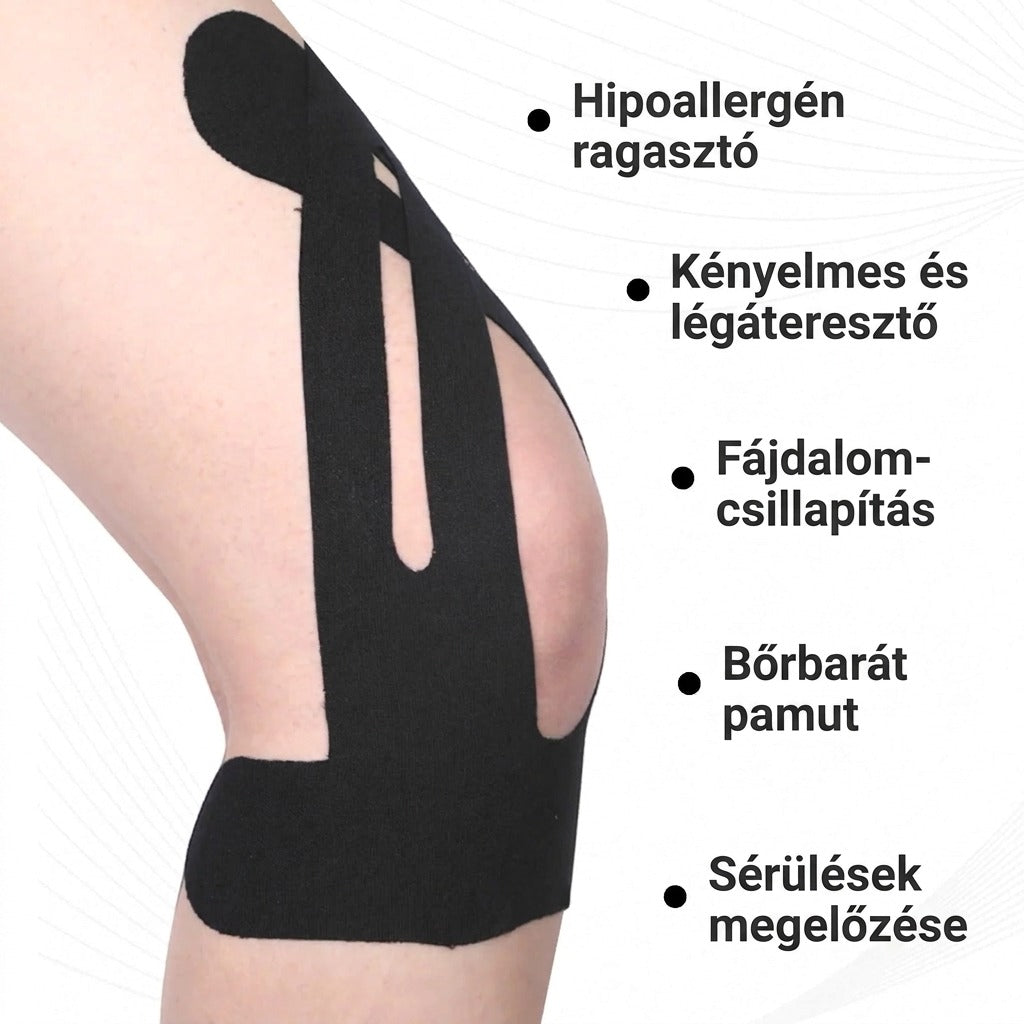 Sportszalag: hipoallergén ragasztó, légáteresztő, fájdalomcsillapítás, pamut, sérülésvédelem