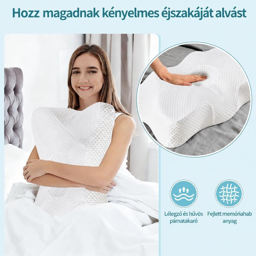 Mosolygó nő memóriahabos párnával az ágyban, mellette a párna részletei.