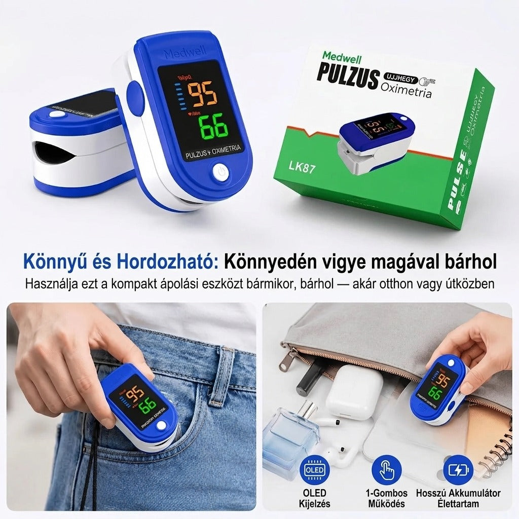 Nagy kijelzős ujjbegyes pulzoximéter, SpO2- és pulzusméréssel