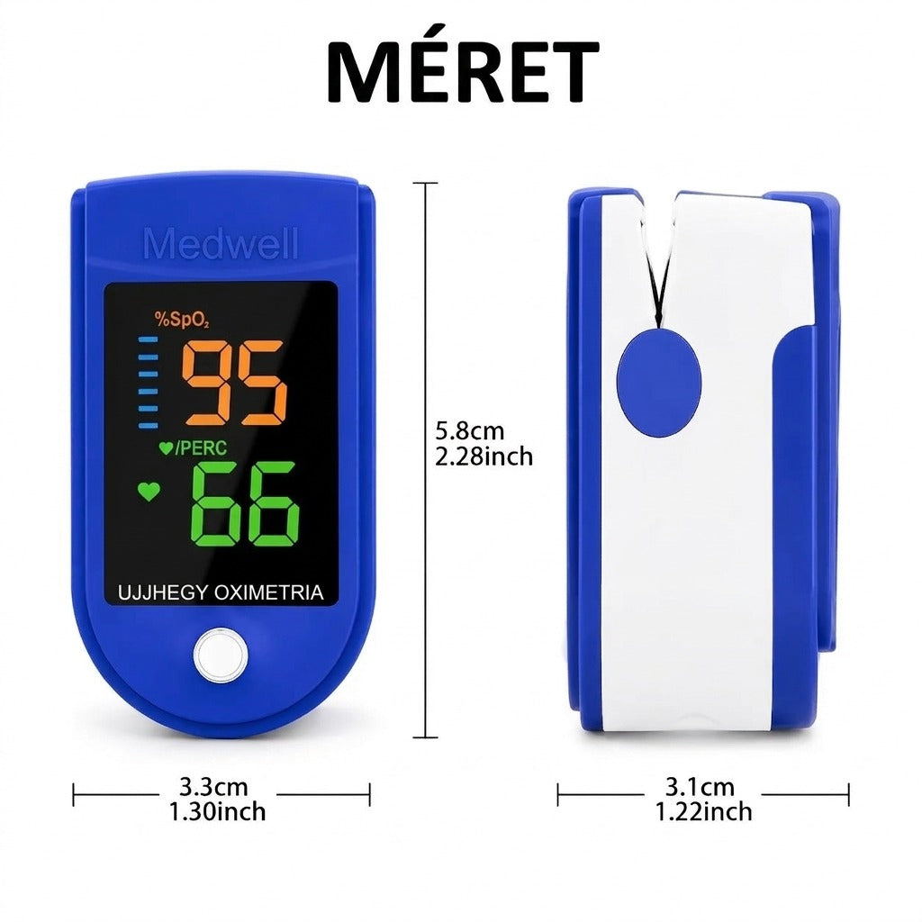 Kék ujjhegy oximéter méreteivel.