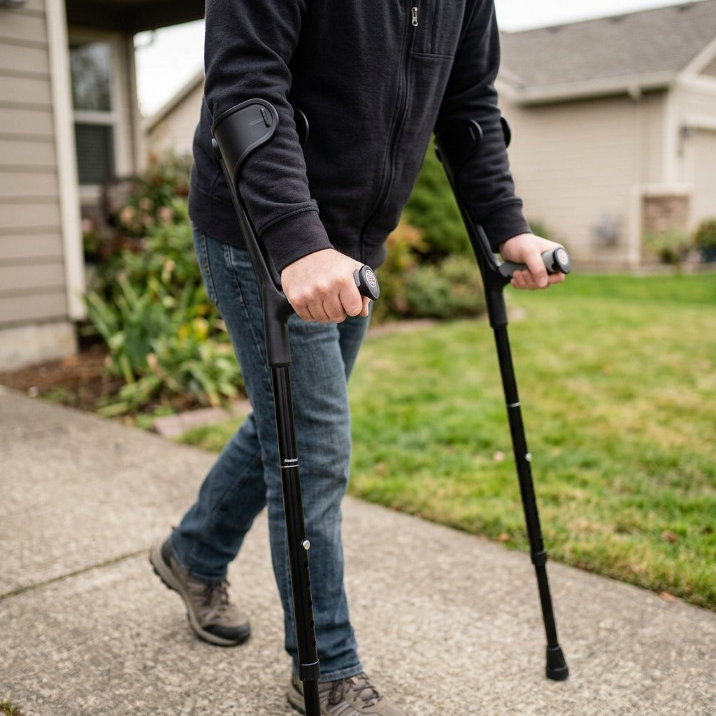 Medwell Foldable Forearm Crutches, Adjustable Aluminum, Lightweight - in use
