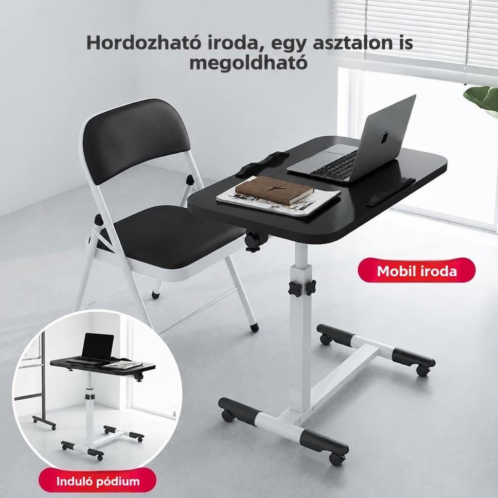 Állítható magasságú, gurulós laptopasztal és összecsukható szék munkaterületen.