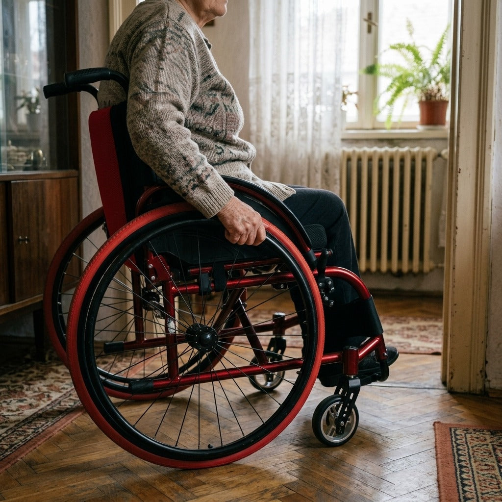 Könnyű, összecsukható alumínium kerekesszék, 150 kg teherbírás - használat közben