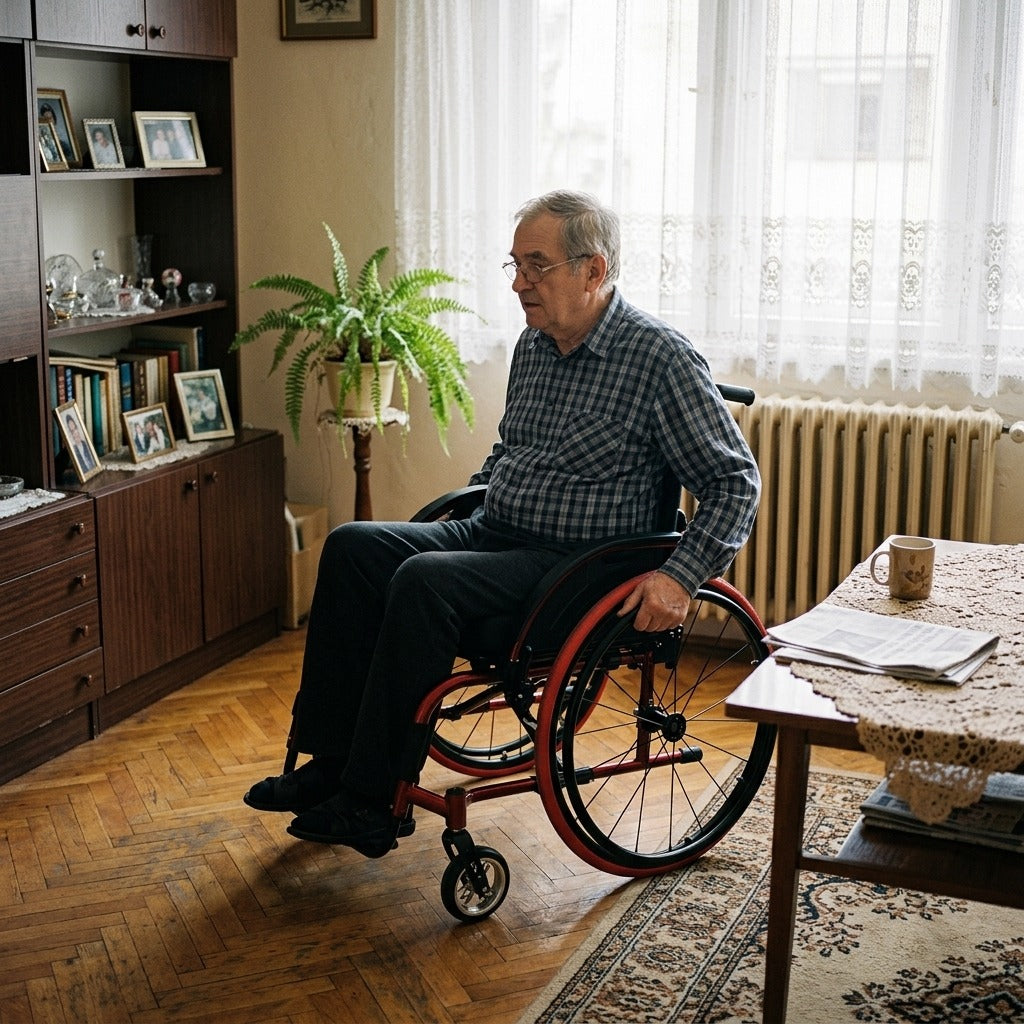Könnyű, összecsukható alumínium kerekesszék, 150 kg teherbírás - otthon