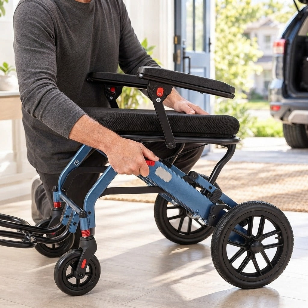 Lightweight Folding Wheelchair with 10-Inch Rear Wheels - in use