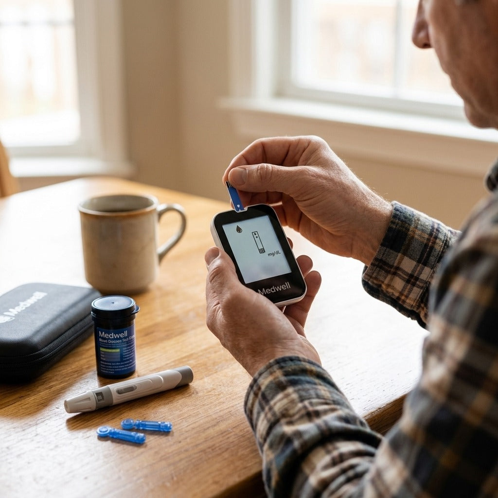 Medwell Bluetooth Blood Glucose Meter Kit with Test Strips - in use