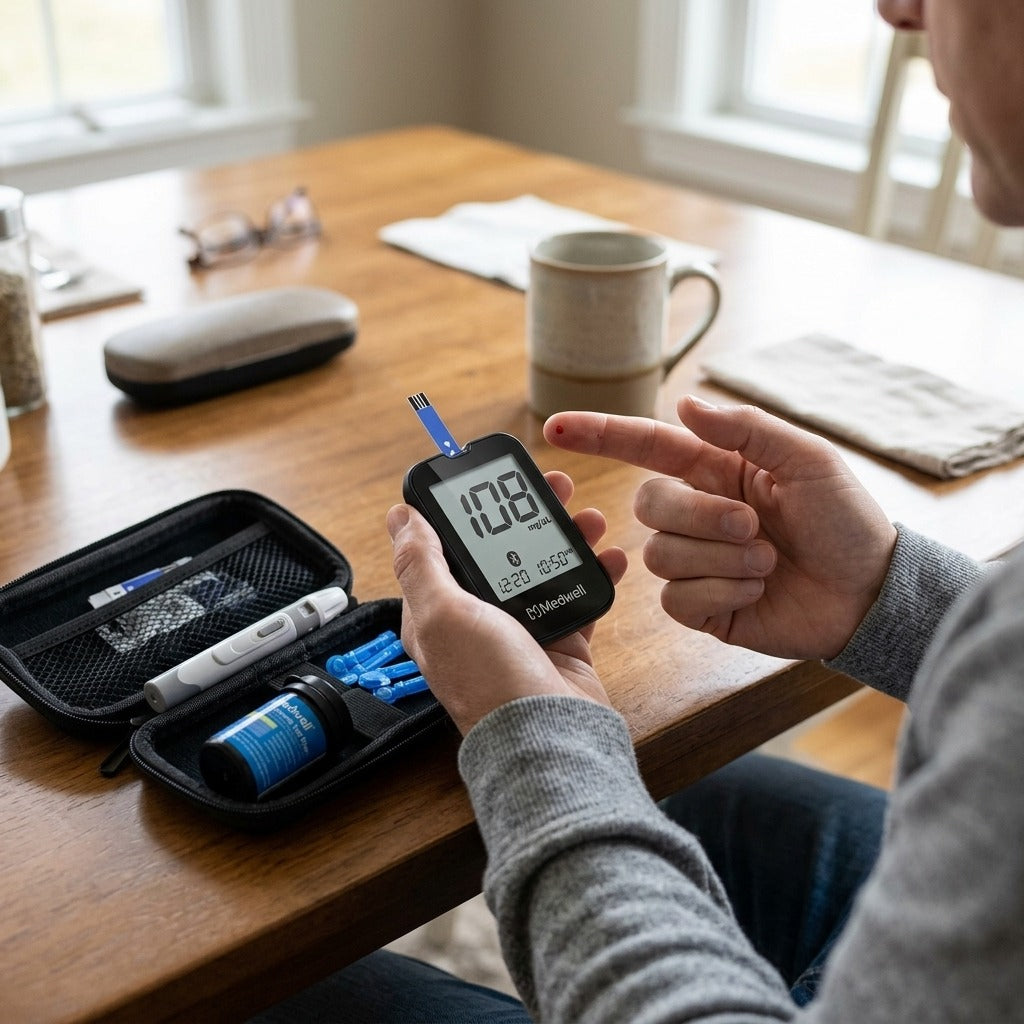 Medwell Bluetooth Glucose Testing Kit with Travel Bag - in use