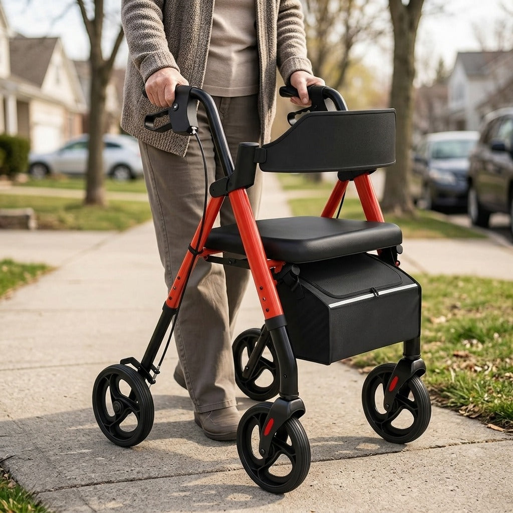 Medwell Foldable Rollator Walker with Seat and 8-Inch Wheels - in use
