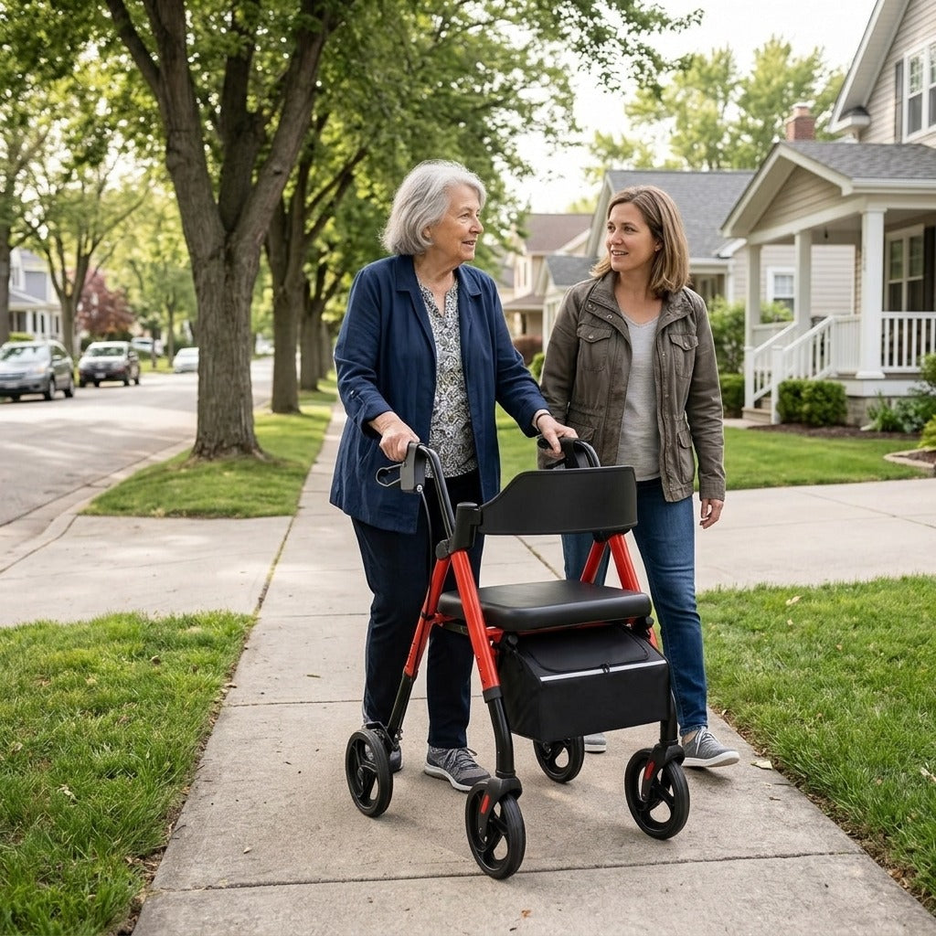 Medwell Foldable Rollator Walker with Seat and 8-Inch Wheels - in everyday life
