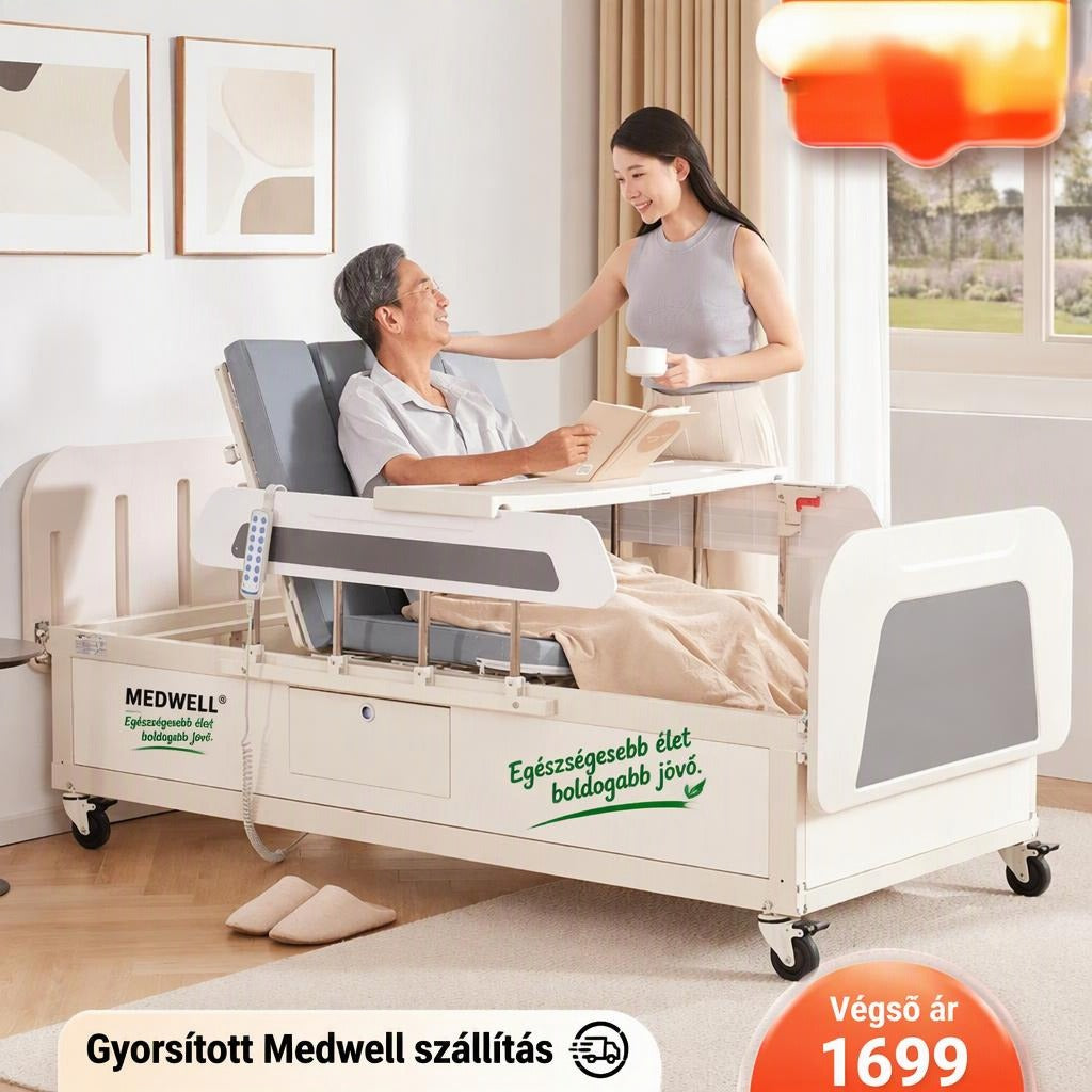 Multifunkciós Medwell ápolási ágy könyvet olvasó idős férfival és gondozójával.