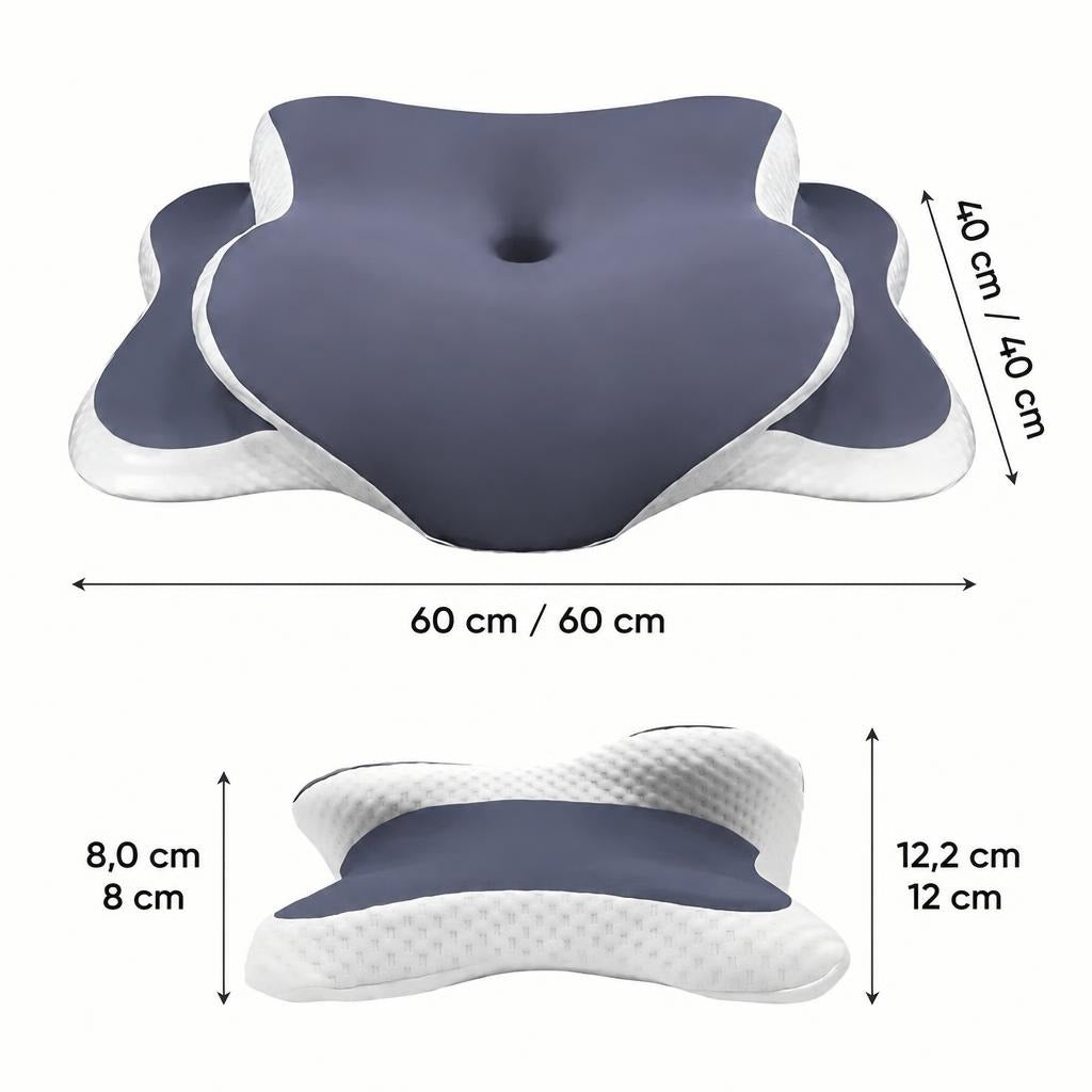Ergonomikus formapárna méretei: 60 cm szélesség, 40 cm hosszúság, valamint 8 cm és 12,2 cm magasság.