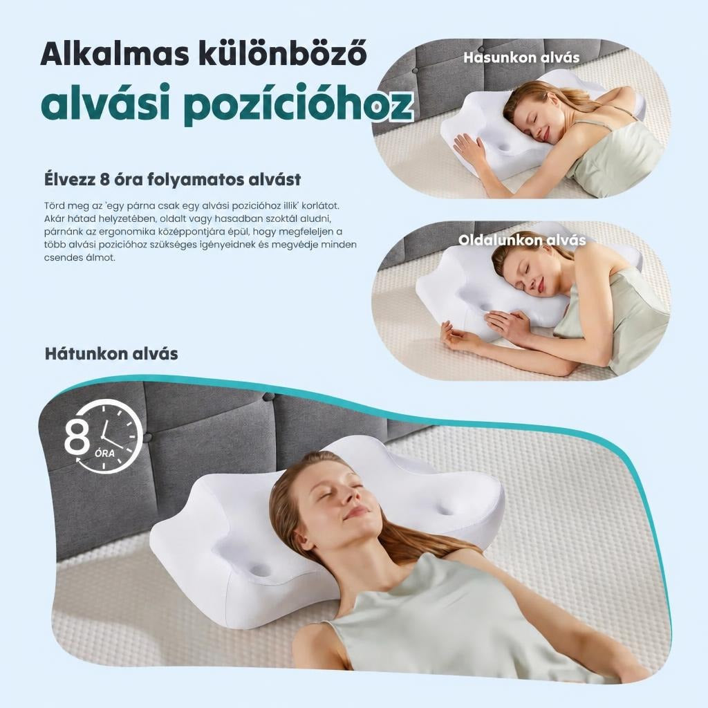 Ergonomikus párna bemutatása hason, oldalt és háton alváshoz.