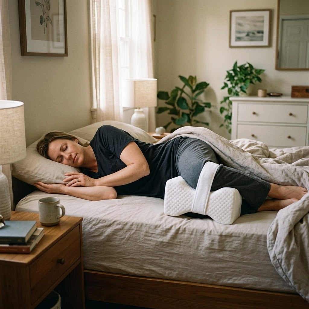 Memory Foam Knee Pillow with Side Sleeping Belt - at home