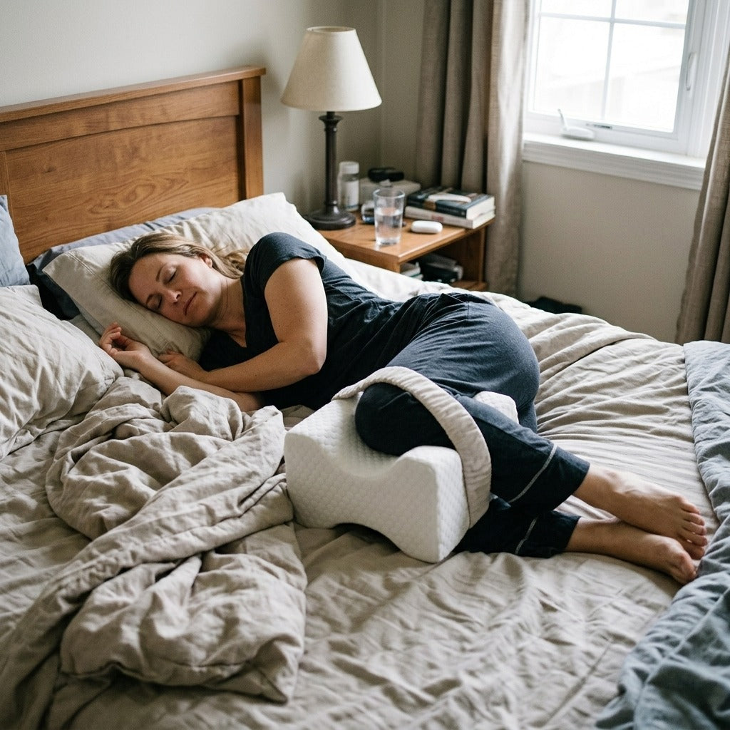 Memory Foam Knee Pillow with Side Sleeping Belt - in everyday life