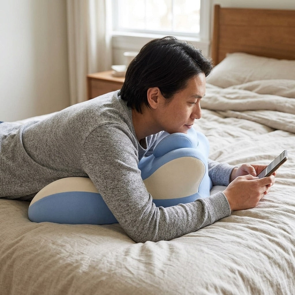 Memory Foam Prone Reading Pillow with Removable Headrest, Anti-Slip - in use