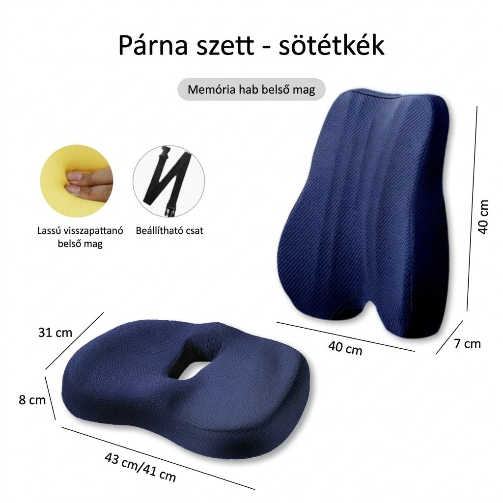 Sötétkék ergonomikus memóriahabos ülő- és hátpárna szett méretekkel feltüntetve.