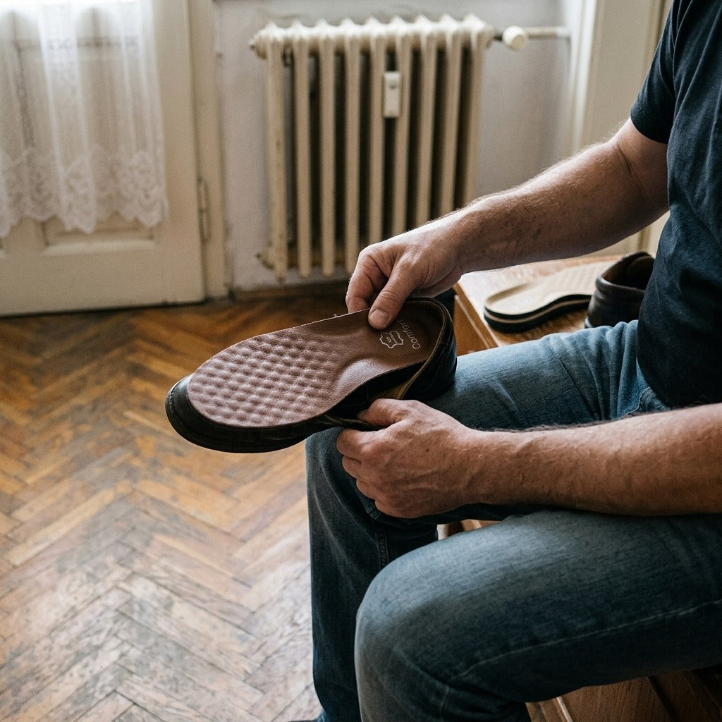 Férfi bőr talpbetét boltozattámasszal - használat közben