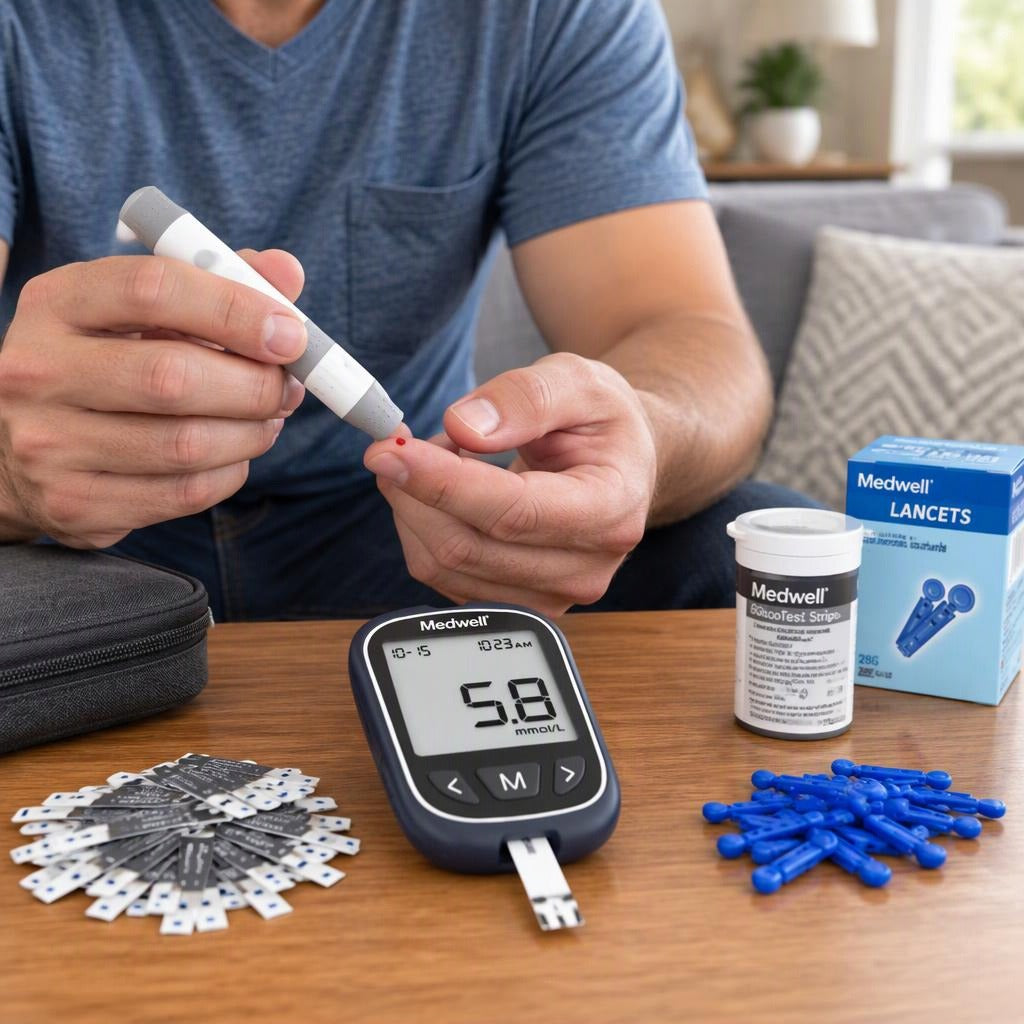 Medwell Gochek2 Blood Glucose Meter Kit - in use