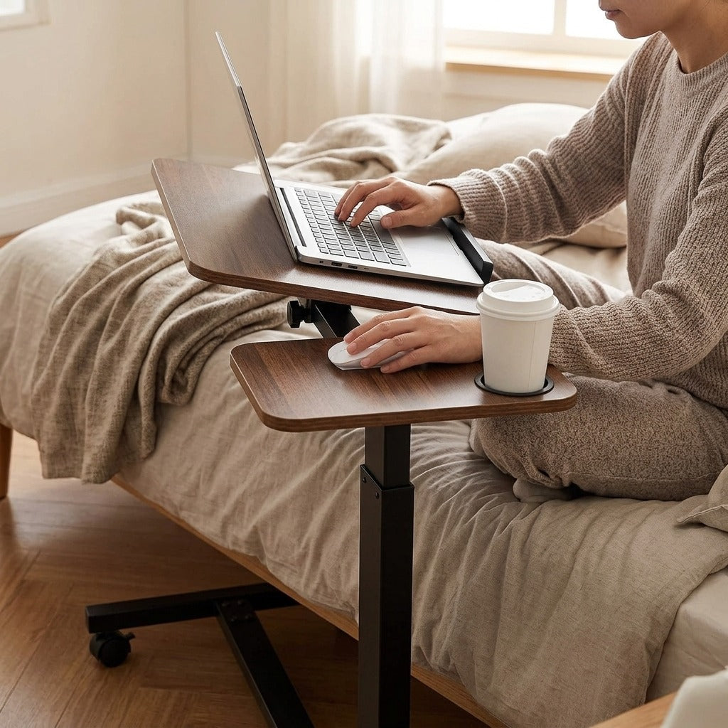 Mobile Overbed Table with Adjustable Height and Angle - in use