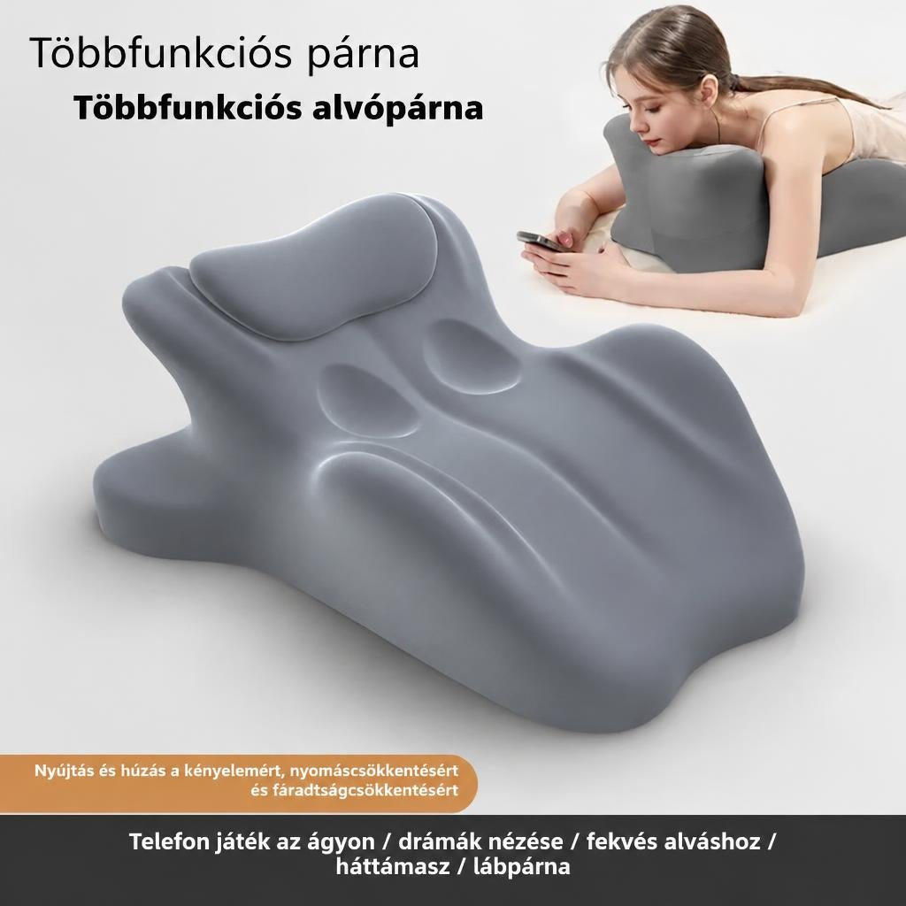 Ergonomikus szürke többfunkciós párna és alvópárna használat közben.