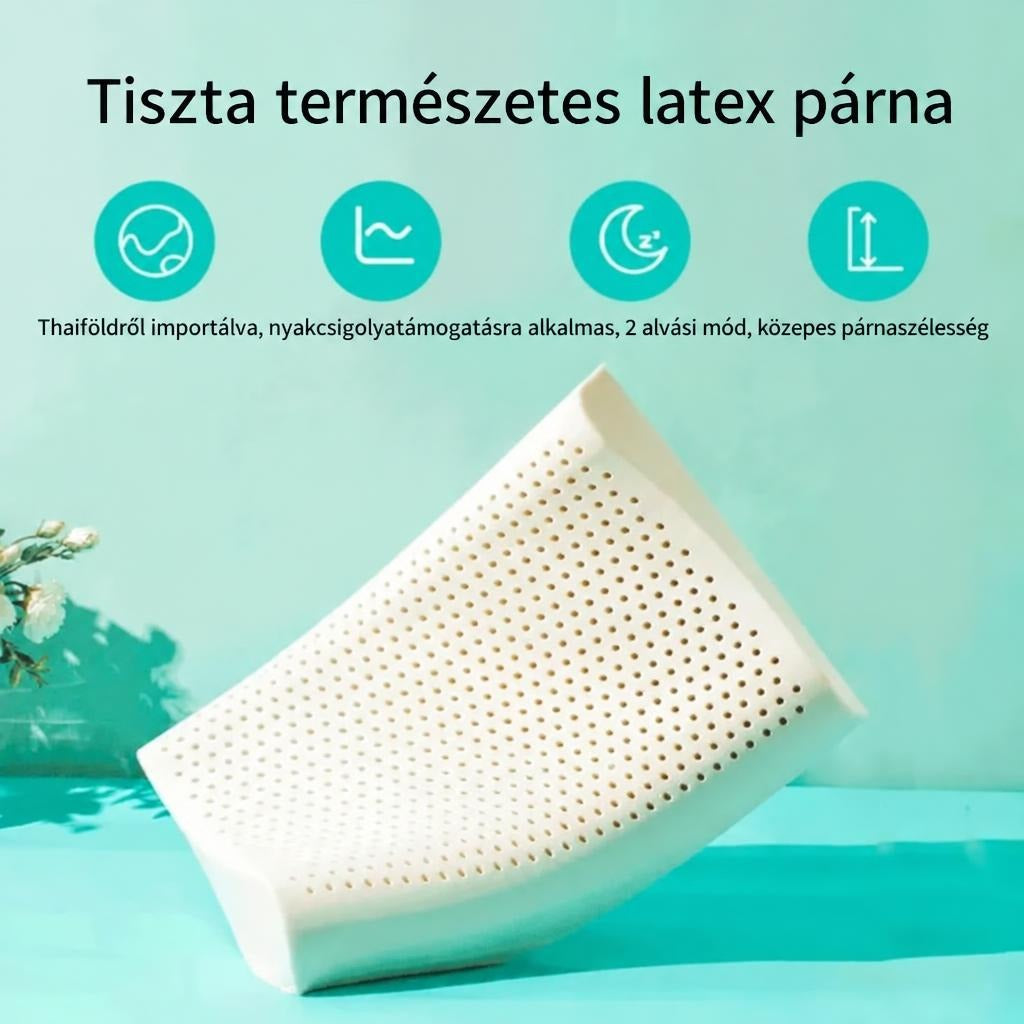 Tiszta természetes latex párna zöldes háttérrel és ikonokkal.