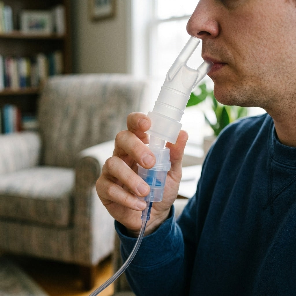 Nebulizer Mouthpiece and Nosepiece Set - in use