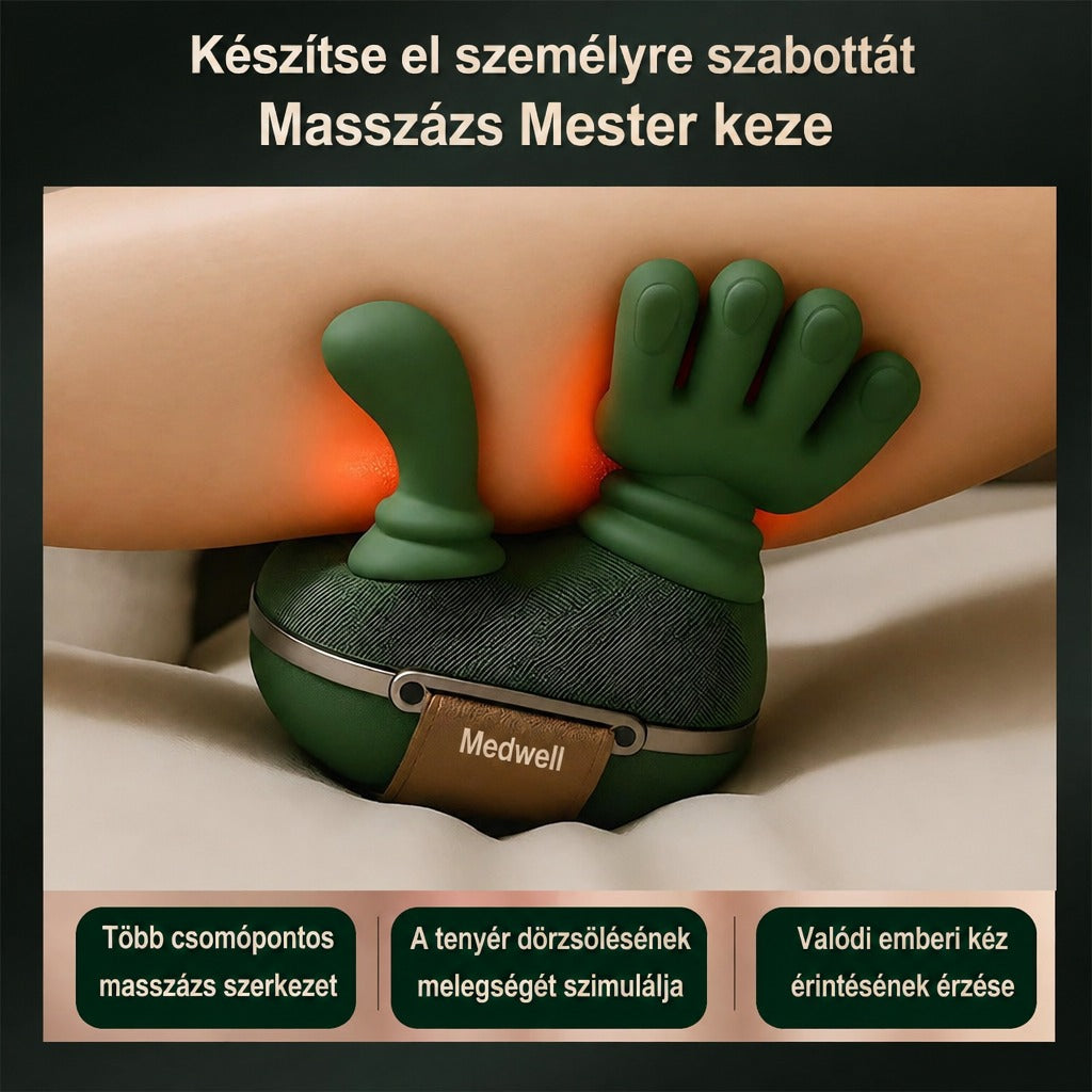 Medwell kézformájú masszírozó készülék működés közben a lábon.