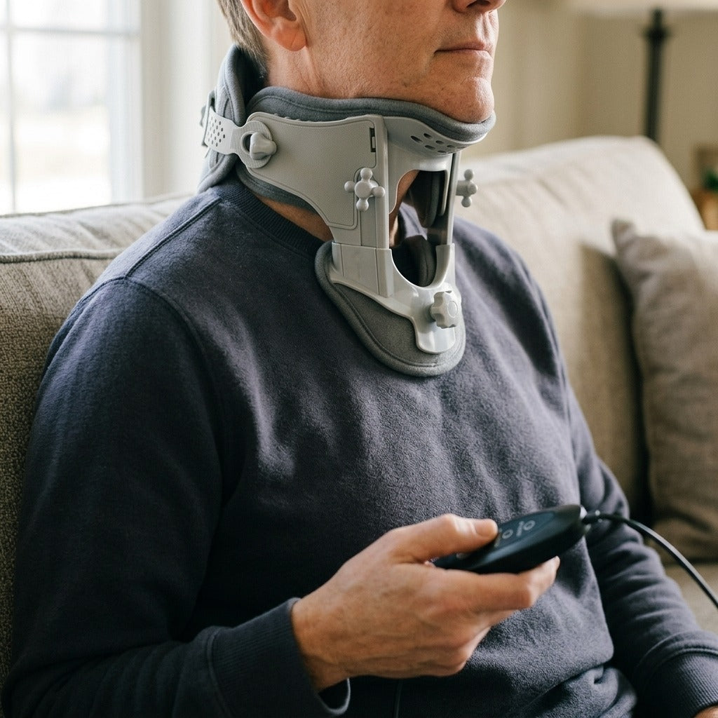 Neck Traction Support Device with Electric Heating - in use