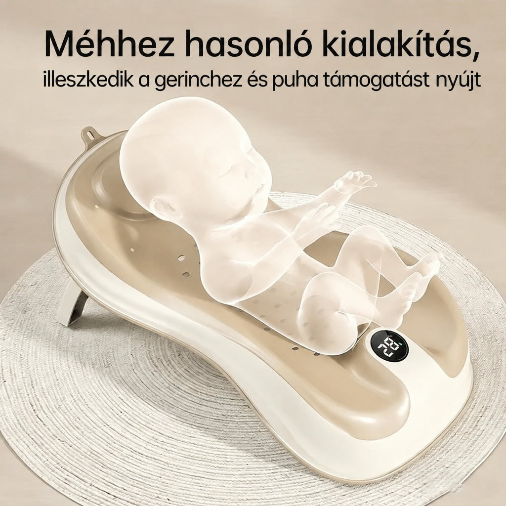 Ergonomikus kialakítású babafürdető támasz digitális hőmérséklet-kijelzővel.