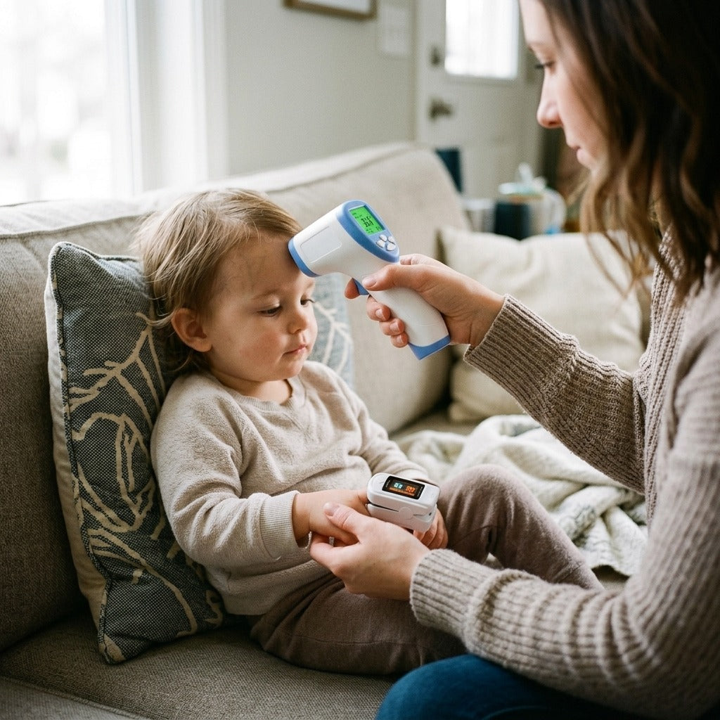 Non-Contact Forehead Thermometer and Finger Pulse Oximeter Set - in use