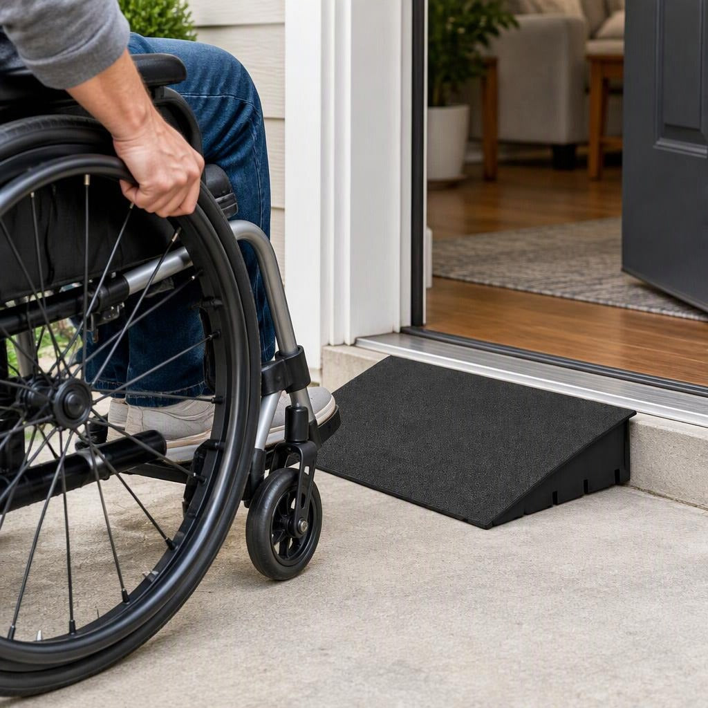 Non-Slip Threshold Ramp for Wheelchairs and Scooters - in use