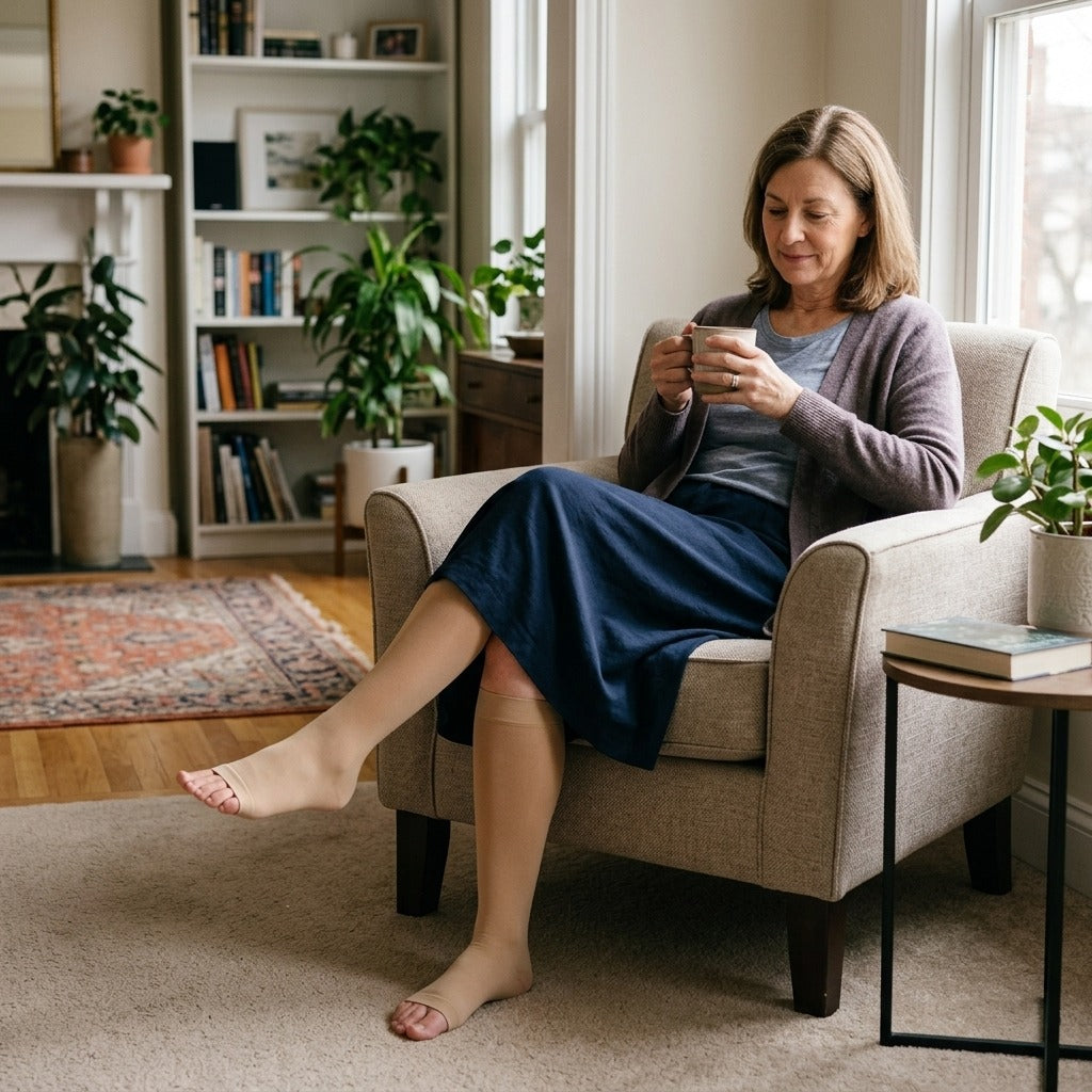 Open-Toe Graduated Compression Stockings 30–40 mmHg - at home