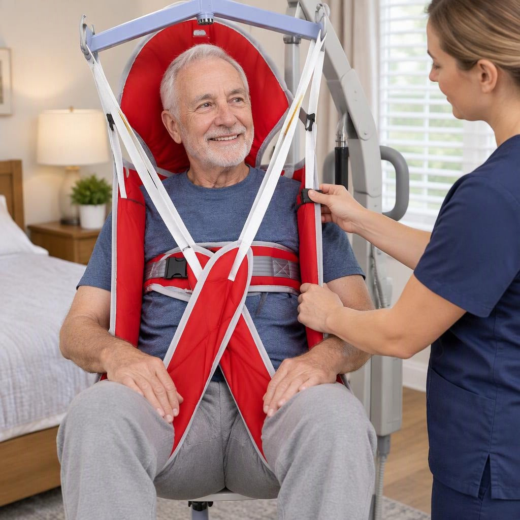Patient Lift Hygiene Sling with Head Support - in use