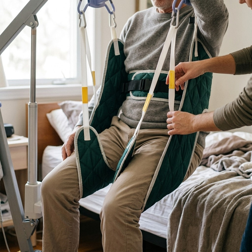 Patient Transfer Lift Sling with Head Support - in use