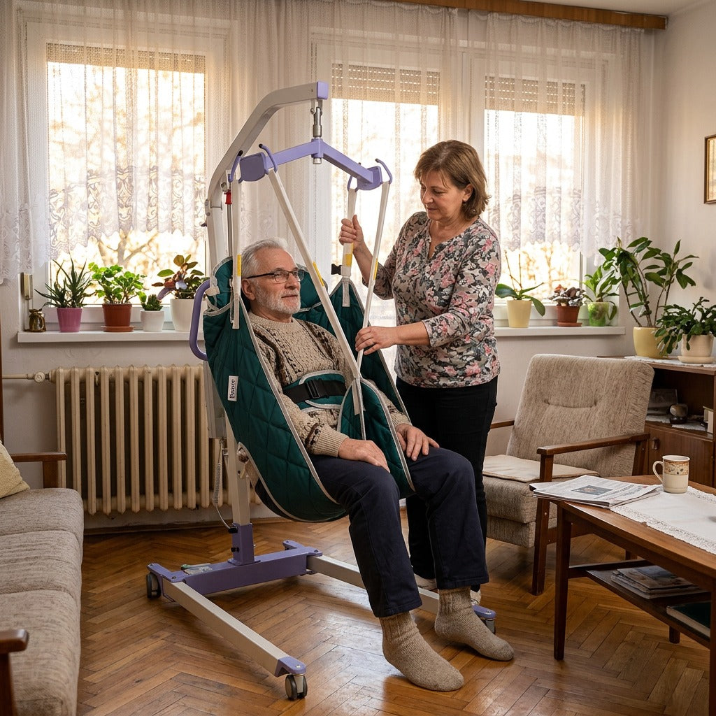 Betegáthelyező emelőheveder fejtámasszal - otthon