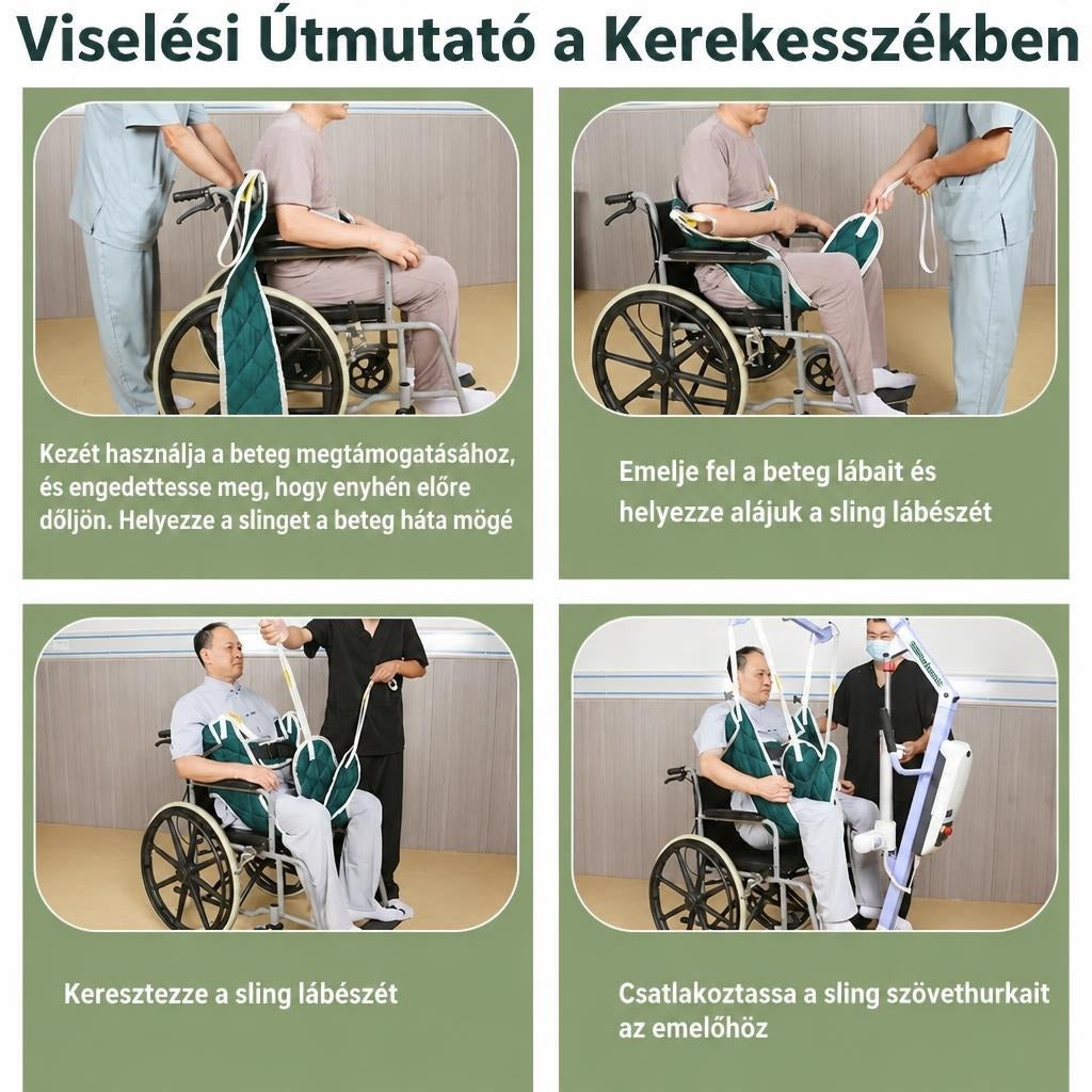Útmutató a betegemelő heveder kerekesszékben történő felhelyezéséhez négy lépésben.