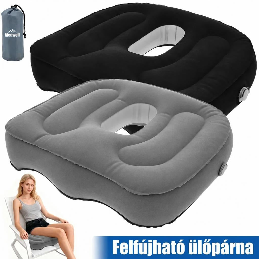 Fekete és szürke felfújható ergonomikus ülőpárna tárolózsákkal.