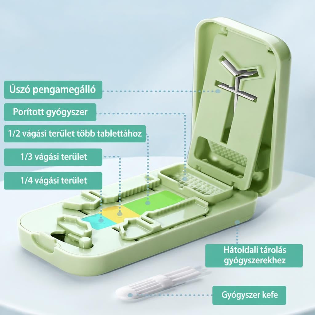 Tablettavágó központosítóval és biztonsági pengével