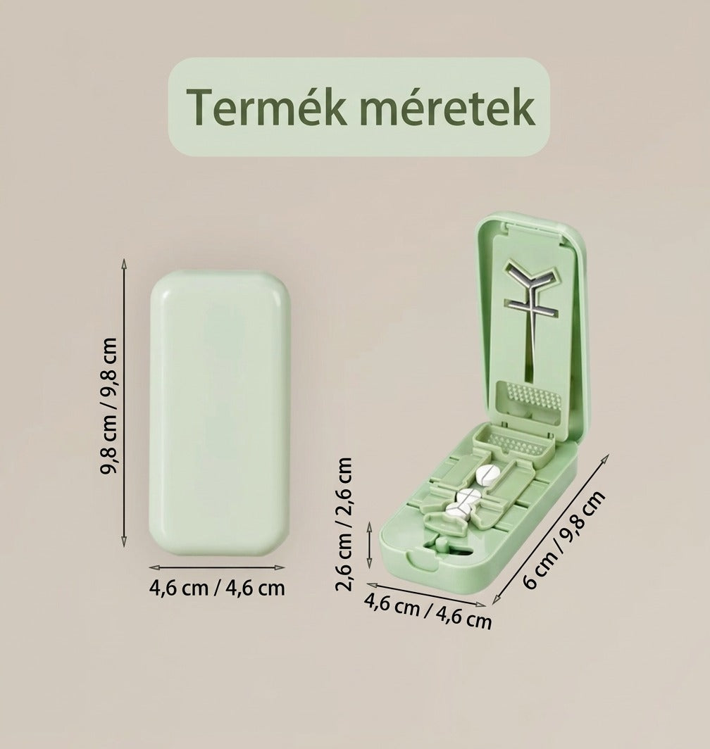 Zöld színű multifunkciós tablettavágó és -tároló doboz méretei.
