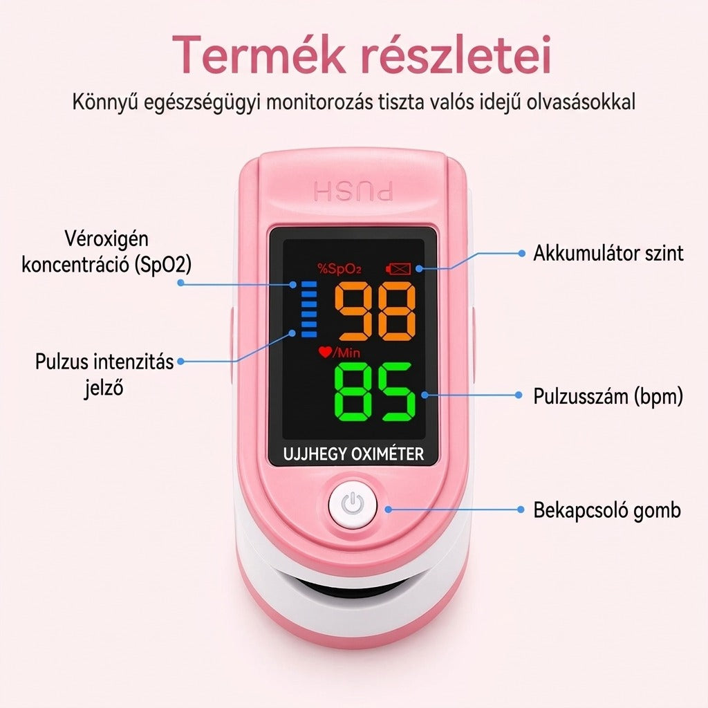 Rózsaszín ujjbegyes pulzoximéter LCD-kijelzővel