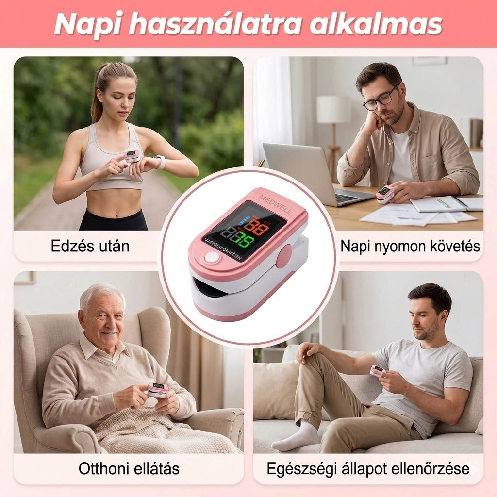 Rózsaszín ujjbegyes pulzoximéter LCD-kijelzővel