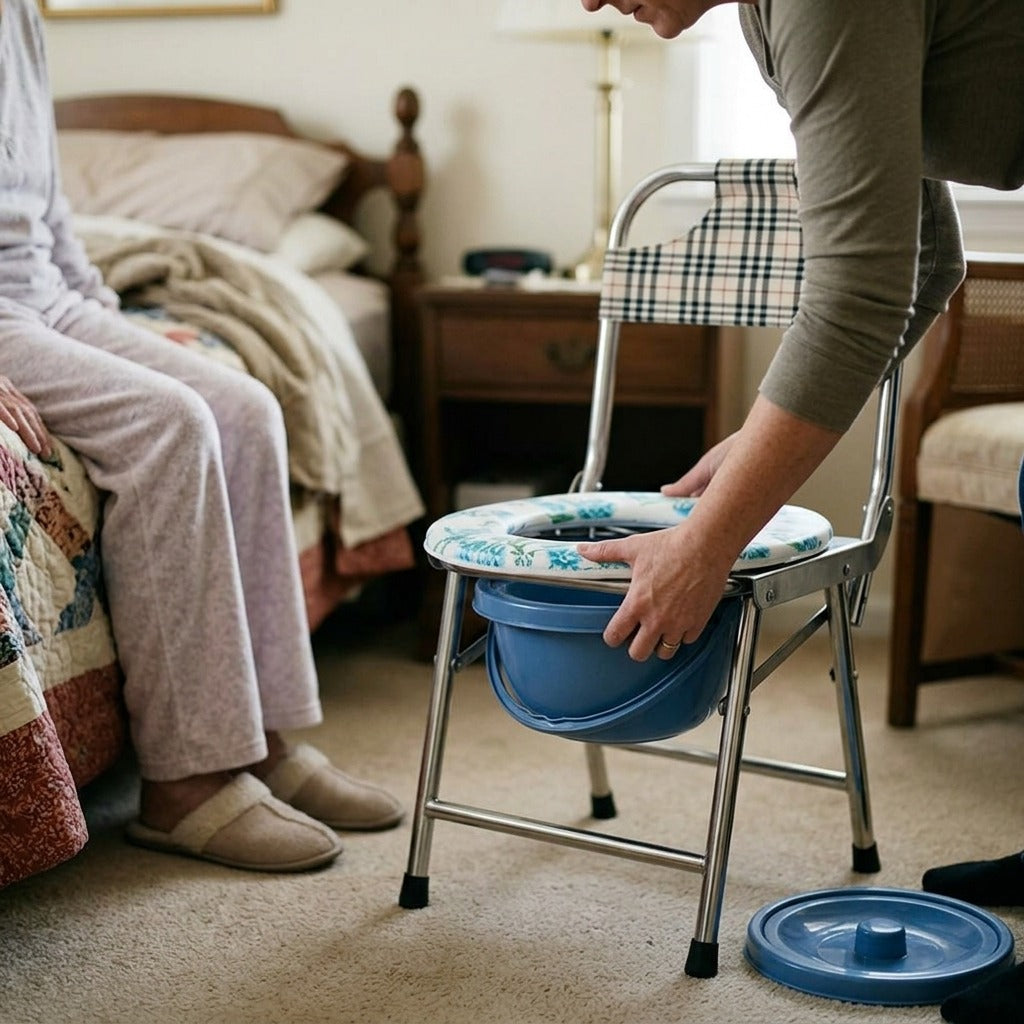 Plastic Bedside Commode Bucket - in use