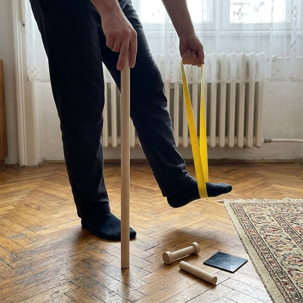 Hordozható 107 cm-es fa egyensúlyozó deszka pánttal és rúddal - használat közben