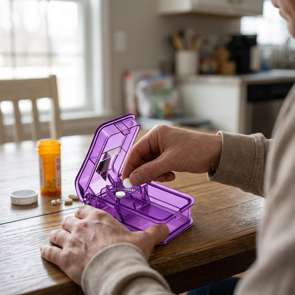 Portable 2-in-1 Pill Cutter with Storage - in use